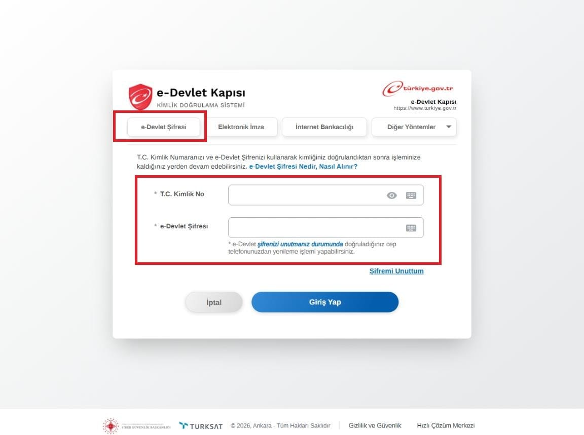 e-Devlet Kapısı giriş ekranı: e-Devlet Şifresi sekmesi ile T.C. Kimlik No ve e-Devlet Şifresi alanları kırmızı ile işaretli