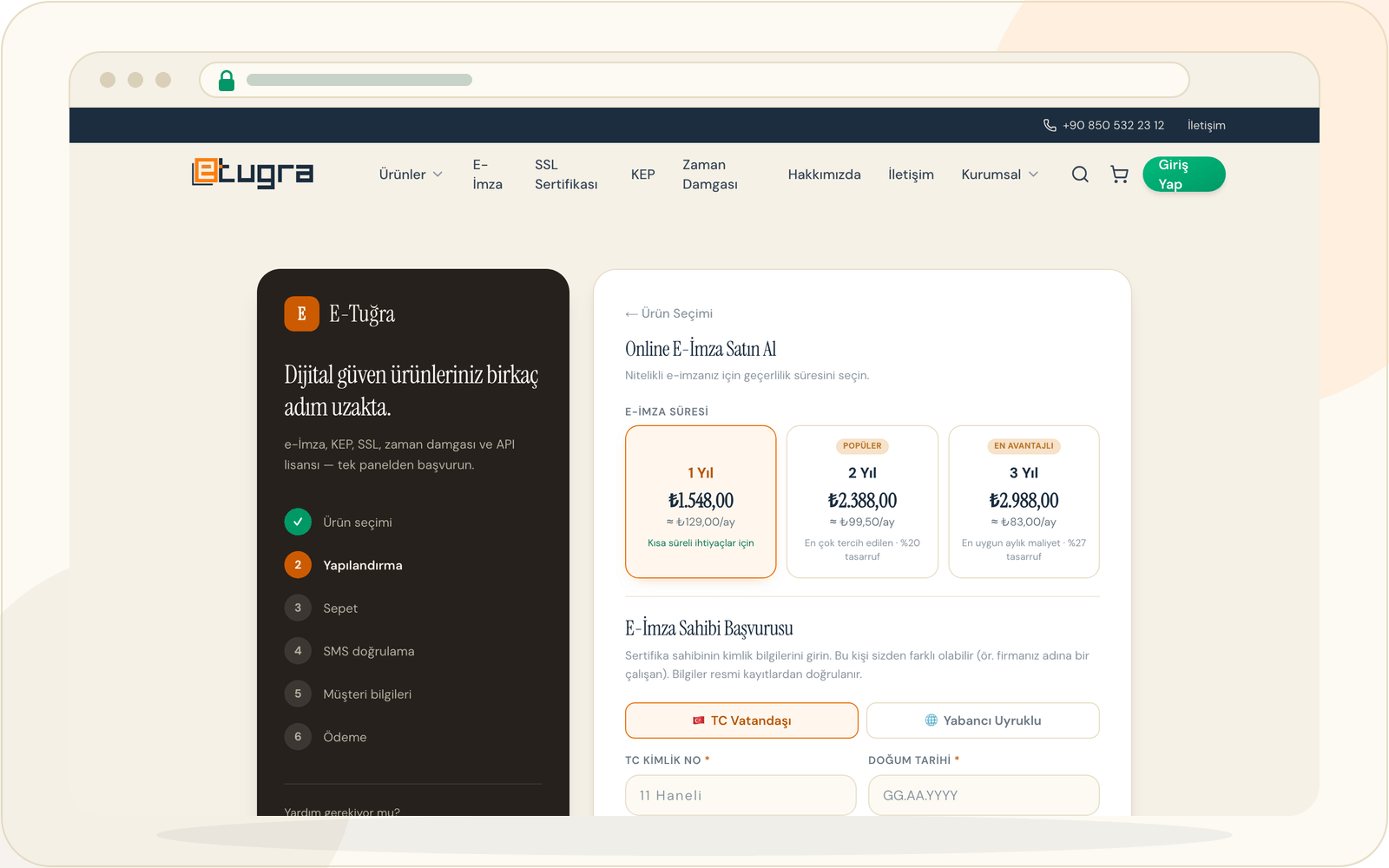 E-Tuğra Sipariş Merkezi — paket seçimi ve online e-imza başvuru ekranı